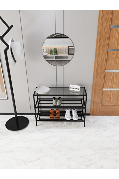 UYGAMO Flu Modern Füme Cam Dresuar ve Metal Ayakkabılık 3 Katlı Siyah Metal R...