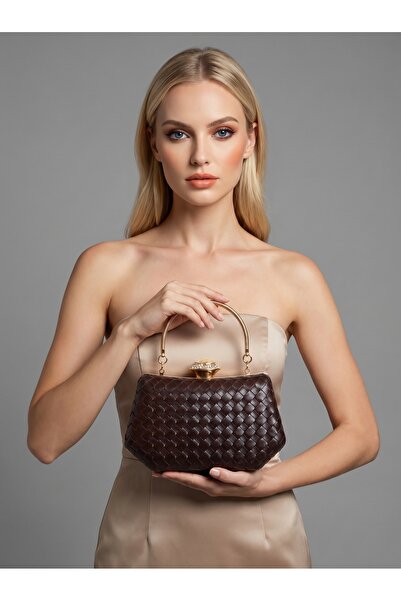 Biçanta Καφέ χρυσή λεπτομερής χειροποίητη δερμάτινη τσάντα γυναικείου βραδινο...