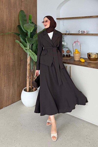 Hazamoda Σετ μπλέιζερ με φούστα Asel σε καφέ απόχρωση