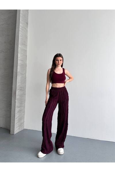 Butik Women's High Waist Vertical Textured Lettuce Edge Detailed Palazzo Trousers