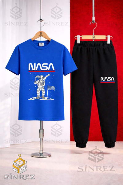 SİNREZ Unisex Kids Astronaut Beige Nasa Text Printed T-Shirt and Sweatpants Set