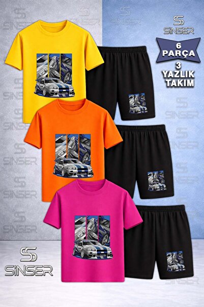 SS SİNSER Children's Car Blue Multiple Squares Custom Printed Crew Neck 3-Pie...