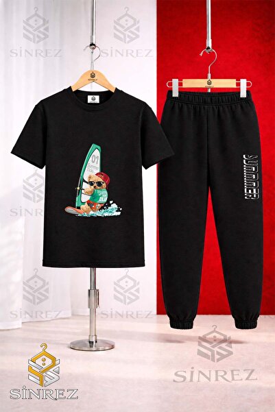 SİNREZ Unisex Kids Bear Surf Sea Printed T-Shirt and Sweatpants Set