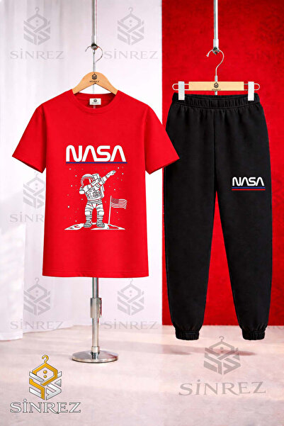 SİNREZ Unisex Kids Astronaut Beige Nasa Text Printed T-Shirt and Sweatpants Set