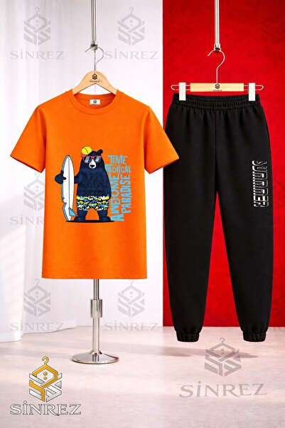 SİNREZ Unisex Kids Ayicik Syh Surf Sapka Printed T-Shirt Tracksuit Set