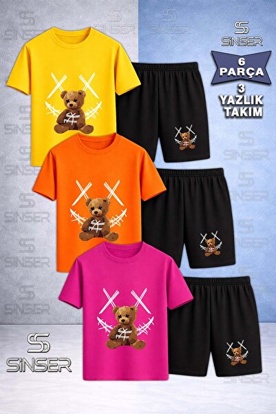 SS SİNSER Children's Bear Yarn Carpi White Custom Printed Crew Neck 3-Piece T...