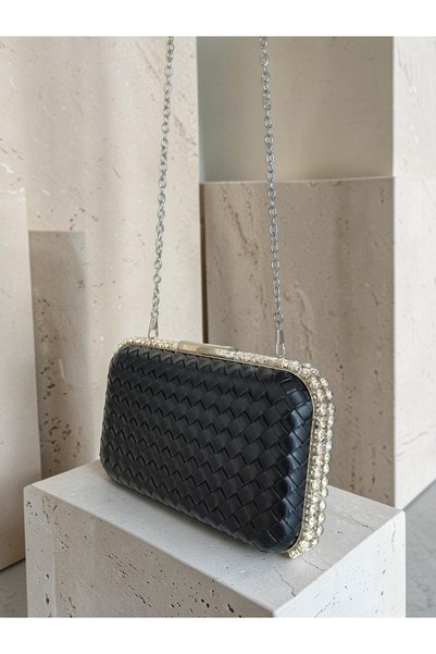 Biçanta Black Color Silver Large Stone Embroidered Hand-Woven Leather Special Series Women's Evening Dress Bag