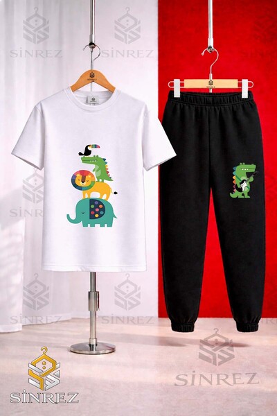 SİNREZ Unisex Kids Animal Ust Uste Coklu Printed T-Shirt and Sweatpants Set