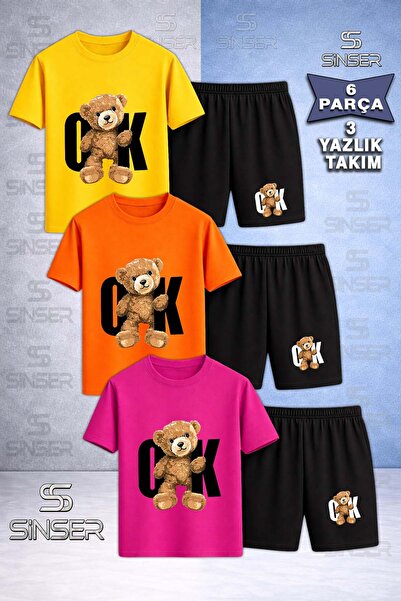 SS SİNSER Children's Bear Ok Black Custom Printed Crew Neck 3-Piece T-Shirt -...