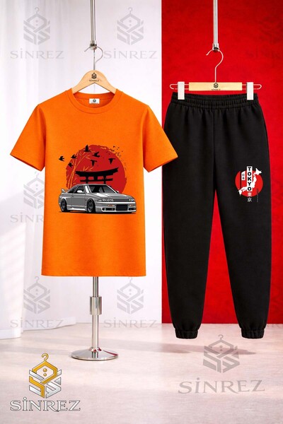 SİNREZ Unisex Kids' Car Tokyo Red Circle Onunde Printed T-Shirt Tracksuit Set