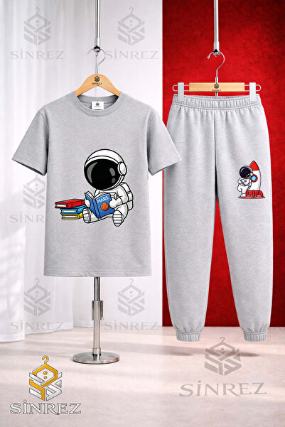 SİNREZ Unisex Kids Astronaut Reading Books Printed T-Shirt and Sweatpants Set