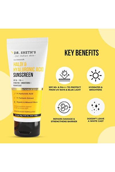 Dr. Sheth's Haldi & Hyaluronic Acid Sunscreen - SPF 50+, PA+++, Hydrates Skin, 50 g