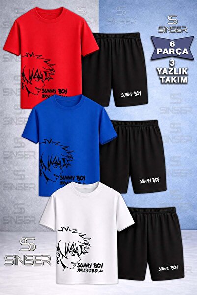 SS SİNSER Children's Sunny Boy Black Special Printed Crew Neck 3-Piece T-Shir...
