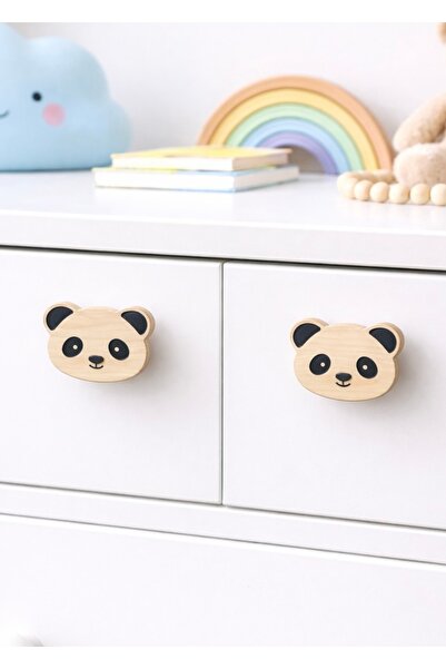 MİESSA Panda dolap kulpu 2'li bebek çocuk odası şifonyer kulpu, figürlü çekme...