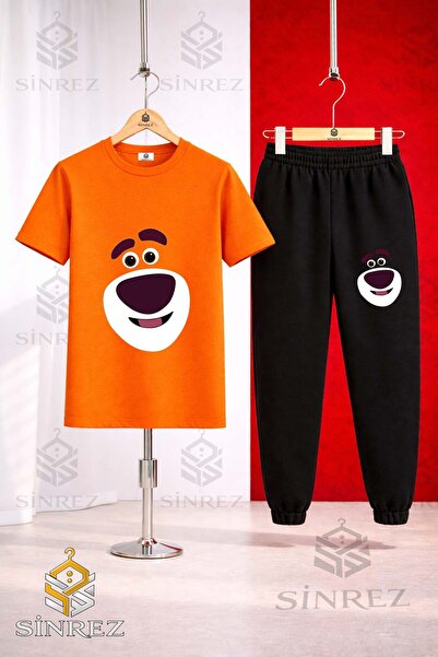 SİNREZ Unisex Kids' Bear Smiling Face Printed T-Shirt and Sweatpants Set