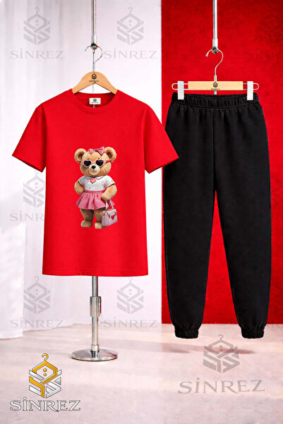SİNREZ Unisex Kids Bear Pink Skirt Canta Printed T-Shirt Tracksuit Set