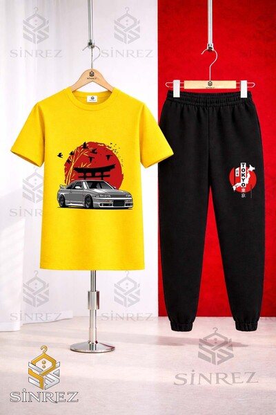SİNREZ Unisex Kids' Car Tokyo Red Circle Onunde Printed T-Shirt Tracksuit Set