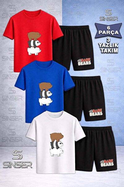 SS SİNSER Children's Pandas 3Lu Sir Sirta Special Printed Crew Neck 3-Piece T...