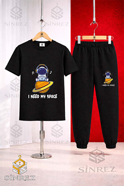 SİNREZ Unisex Kids Astronaut Space Planet Superior Printed T-Shirt Tracksuit Set