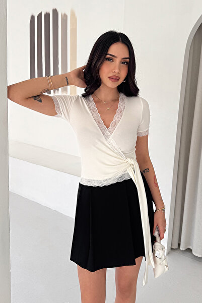 Noa&Noa Women's Lace Detailed Blouse – Double-Breasted Collar Tie-Up Top