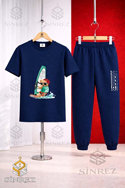 SİNREZ Unisex Kids Bear Surf Sea Printed T-Shirt and Sweatpants Set