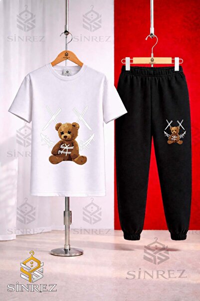 SİNREZ Unisex Kids Ayicik Yarn Carpi Byz Printed T-Shirt Tracksuit Set