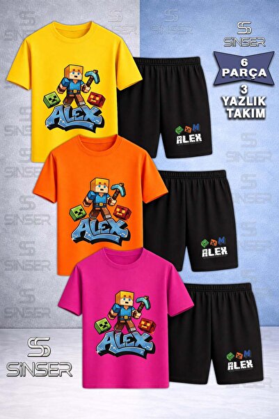 SS SİNSER Children's Alex Mavi Baltali Special Printed Crew Neck 3-Piece T-Sh...