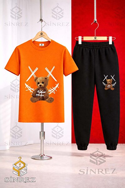 SİNREZ Unisex Kids Ayicik Yarn Carpi Byz Printed T-Shirt Tracksuit Set