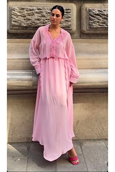 BERİ BUTİK Women's Pink Chiffon Skirt and Blouse Set