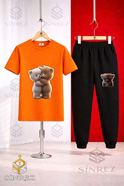 SİNREZ Unisex Kids' Bear Hug 2-Piece Printed T-Shirt and Sweatpants Set