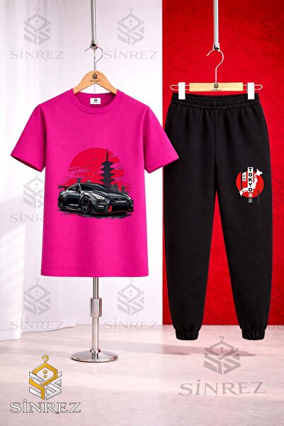 SİNREZ Set de trening unisex pentru copii cu tricou imprimat CAR SYH TOKYA DA...