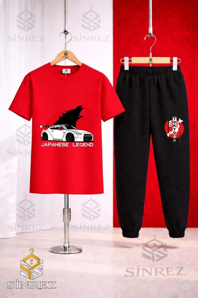 SİNREZ Unisex Kids Car Tokyo Byz Japenes Writing Printed T-Shirt Sweatpants Set