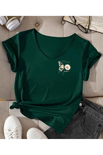SUNFREE Tricou de damă cu mânecă scurtă, cu decolteu în V și imprimeu BUTTERF...