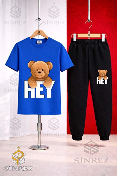 SİNREZ Set de trening unisex pentru copii, cu tricou imprimat cu ursuleț și m...