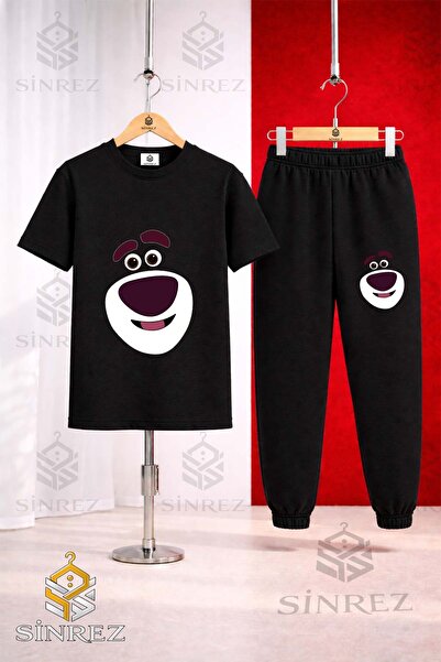 SİNREZ Unisex Kids' Bear Smiling Face Printed T-Shirt and Sweatpants Set