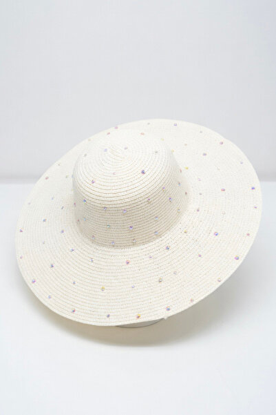 Mollycrush Γυναικείο λευκό λαμπερό πέτρινο ψάθινο καπέλο παραλίας |   Αντηλια...
