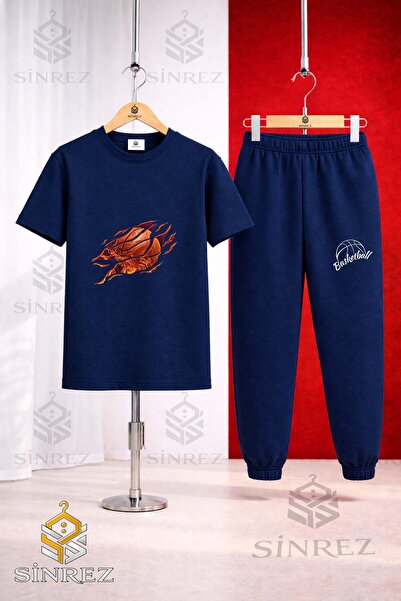 SİNREZ Unisex Kids' Flame Basketball Printed T-Shirt and Sweatpants Set