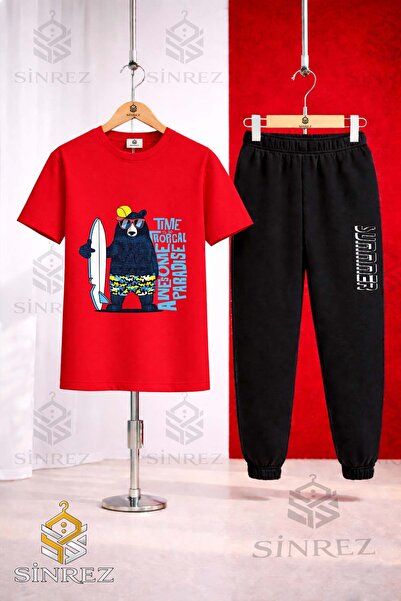 SİNREZ Set de trening unisex pentru copii AYICIK SYH SURF SAPKA cu tricou imp...
