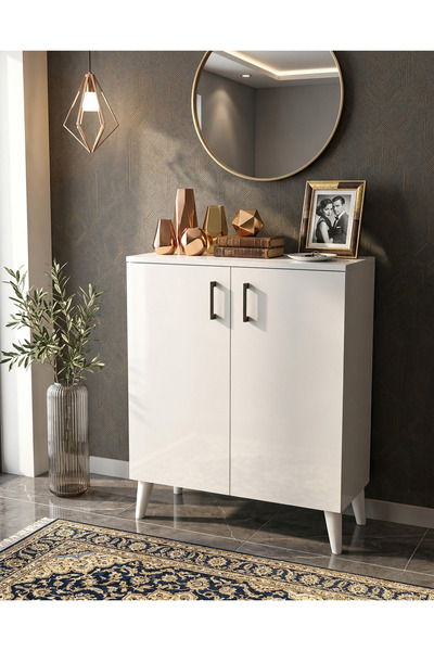 byzellahome Ayakkabılık Dolabı MDF 2 Kapaklı Beyaz Renk Raflı Çok Amaçlı Dola...