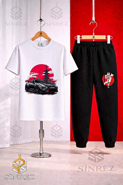 SİNREZ Unisex Kids' Car Syh Tokya Daire Onunde Printed T-Shirt Tracksuit Set