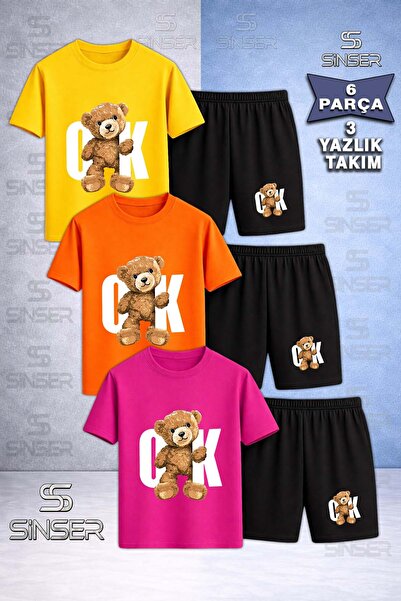 SS SİNSER Children's Bear White Special Printed Crew Neck 3-Piece T-Shirt - S...