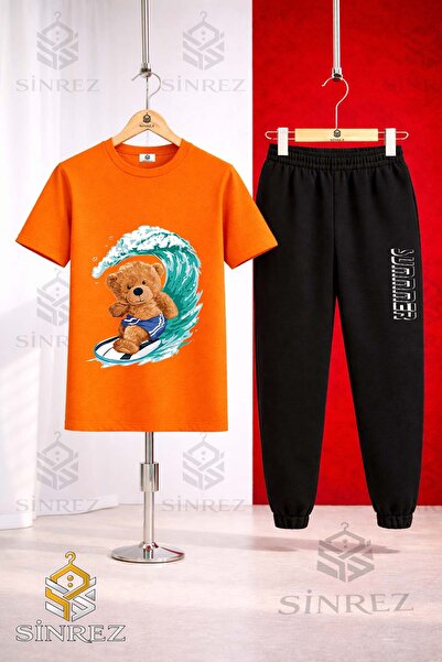 SİNREZ Set de trening unisex pentru copii, cu tricou imprimat AYICIK SORTLU SURF