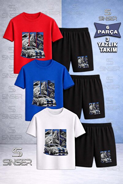 SS SİNSER تي شيرت للأطفال ARABA BLUE MULTI SQUARE مطبوع خصيصًا برقبة دائرية م...