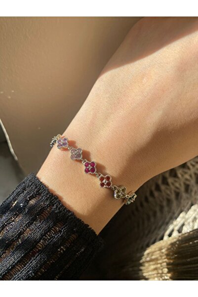 Niceboutique Colorful Stone Clover Steel Bracelet