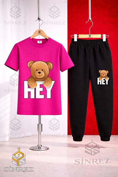 SİNREZ Set de trening unisex pentru copii, cu tricou imprimat cu ursuleț și m...