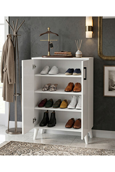 byzellahome Ayakkabılık Dolabı MDF 2 Kapaklı Beyaz Renk Raflı Çok Amaçlı Dola...