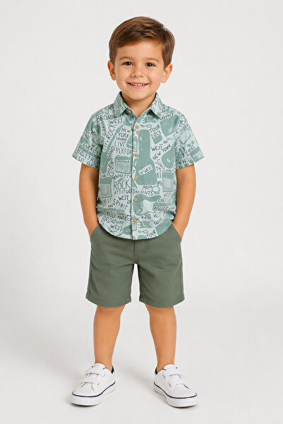 İrem Çocuk Giyim Boy's Green Color Two-Piece Set with Button Closure, Letteri...