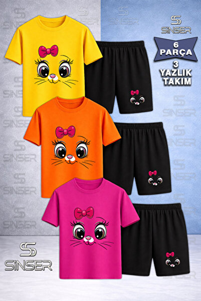 SS SİNSER Παιδικό T-Shirt 3 τεμαχίων με λαιμόκοψη με στάμπα CAT EYE PINK RIBB...