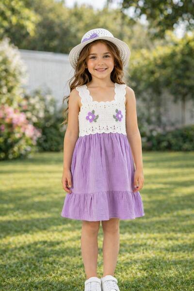 Kuzucuk Kids Bebek Çocuk Butik Kız Çocuk Lila Müslin Elbise Şapkalı Pamuklu N...