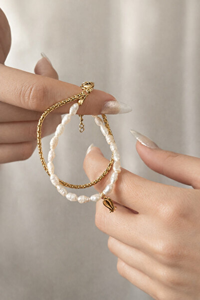 MODA Arpa İnci & Gold Steel Chain Tulip Detailed Handmade Women's Bracelet ~ ...